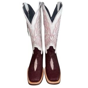 Tanner Mark Wine Stingray Print Women’s White Western Boots Size 8